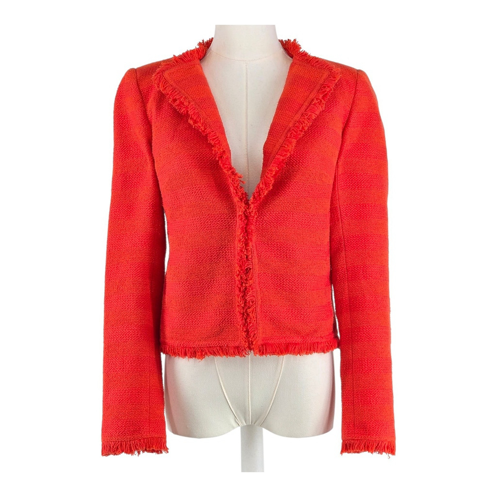 Modern Bohemia Trina Turk Tweed Blazer Women 0 Orange Fringe Trim Cropped Jacket
